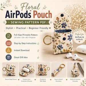 Peut inclure: Un patron de couture numérique pour une pochette à AirPods à motif floral, avec un tissu crème orné de fleurs bleues et jaunes. Le patron inclut des instructions pour une pochette avec fermeture à pression et anneau métallique.