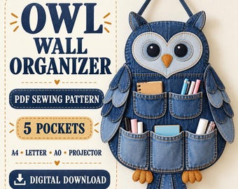 Naaipatroon voor een uilenwandorganizer (PDF), ophangbare denim opbergruimte met 5 vakken, doe-het-zelf stoffen organizer, A4-formaat, A0-formaat projector