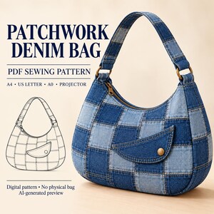 Op de afbeelding: Een patchwork spijkerstof tas met een hobo-silhouet, voorzien van afwisselende licht- en donkerblauwe vierkante stoffen panelen, een schouderband met messing ringen, een ritssluiting en een klein klepzakje met een messing drukknoop. Tekst: PATCHWORK DENIM BAG PDF SEWING PATTERN A4 US LETTER A0 PROJECTOR Digital pattern No physical bag AI-generated preview.