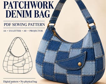Naaipatroon voor een patchwork denim tas (PDF), Halvemaanvormige schoudertas met rits en klepvak, A4 US Letter A0 Projector