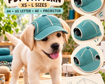 Naaipatroon voor een baseballpet voor honden, maten XS-L, met verstevigde klep (PDF)