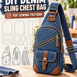 Peut inclure: Un sac à bandoulière en jean bleu avec des détails en cuir marron, doté d'une poche zippée diagonale et d'une poche à rabat avec boucle. L'image contient le texte DIY DENIM SLING CHEST BAG PDF SEWING PATTERN et des schémas du sac et des pièces du patron.