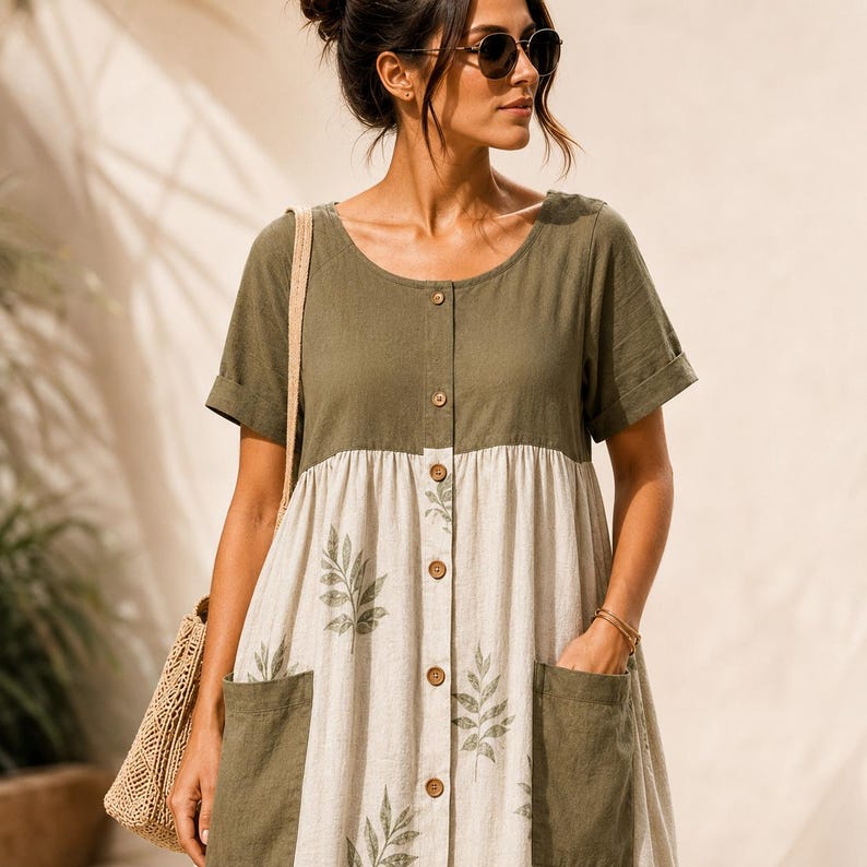 May include: A two-tone dress featuring an olive green bodice and a cream-colored skirt with a green leaf print. The dress has short sleeves with cuffs, a round neckline, a central button-down placket, and two large olive green patch pockets.