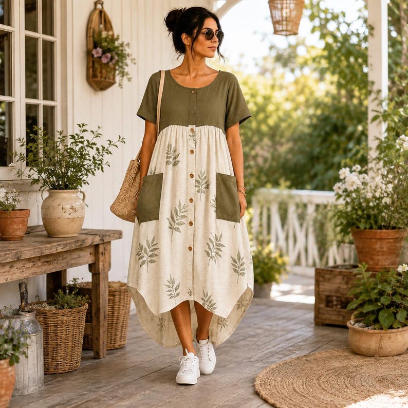 May include: A midi-length dress featuring a solid olive green bodice and a cream-colored skirt with a repeating green leaf pattern. The dress has short sleeves, a button-down front, two large patch pockets, and a high-low hemline.
