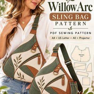 Puede incluir: Un patrón de costura PDF para bolso bandolera WillowArc, con un bolso en forma de lágrima con paneles verde oliva, crema y marrón, bordado de hojas, cremallera diagonal y correa ajustable. Incluye texto: WillowArc SLING BAG PATTERN PDF SEWING PATTERN.