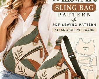 Naaipatroon voor een schoudertas (pdf), patroon voor een crossbodytas, naaipatroon voor een schoudertas, patroon voor een patchworktas, A4, US Letter, A0 Projector