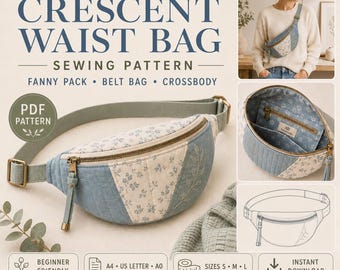 Willow Crescent Waist Bag Sewing Pattern, Quilted Patchwork Fanny Pack (PDF)