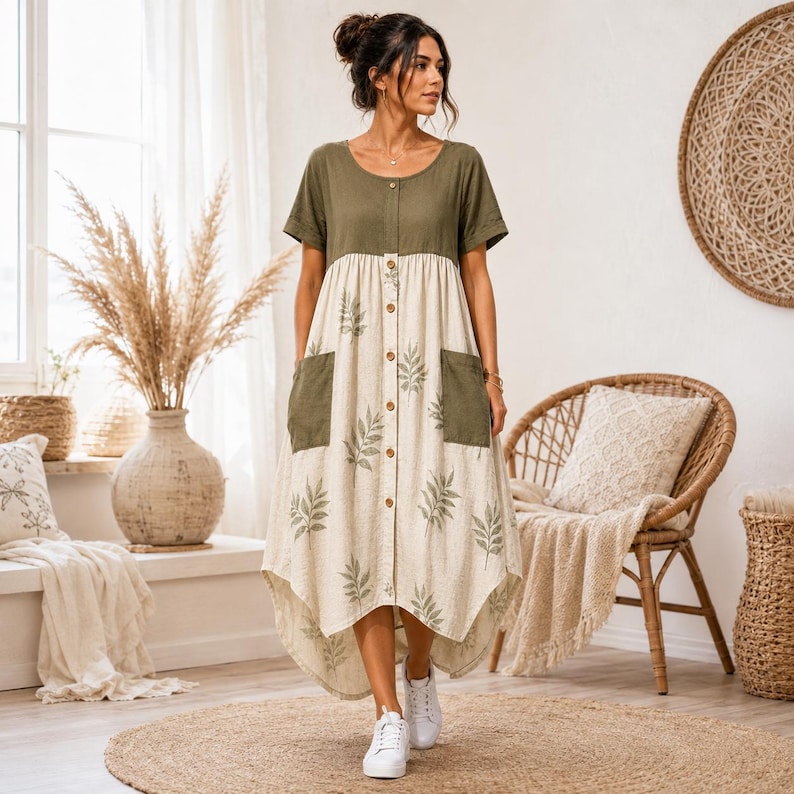 May include: A midi-length dress featuring an olive green bodice and a cream-colored skirt with a green leaf print. The dress has short sleeves, a round neckline, a front button placket, and two olive green patch pockets on the front skirt.