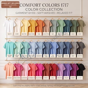 Tabela de cores Comfort Colors 1717, 33 cores de camisetas, guia de mockup para impressão sob demanda para vendedores do Etsy