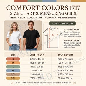 May include: Comfort Colors 1717 size chart and measuring guide for a heavyweight adult t-shirt. Includes a diagram showing how to measure chest width and body length, plus a table listing sizes S through 3XL with measurements in inches.