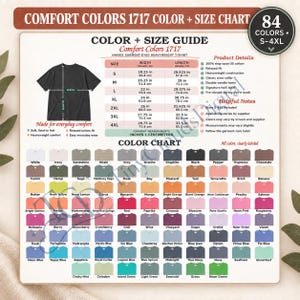 Op de afbeelding: Een Comfort Colors 1717 t-shirt kleur- en maattabel met een illustratie van een zwart t-shirt, een maattabel met afmetingen in inches en centimeters, productdetails en een raster van 84 kleurvakjes met labels voor elke tint.