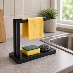 May include: A matte black metal kitchen sink organizer featuring a rectangular base, a vertical support arm, and a horizontal bar for hanging a yellow microfiber cloth. The base holds a rectangular yellow and green sponge and a round metal scrubber.