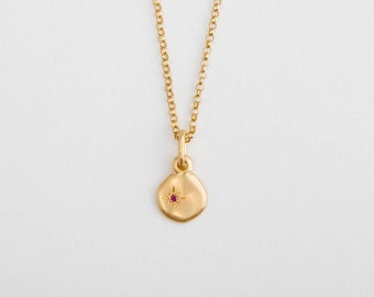 Tiny Ruby Gold Charm 18k Yellow Gold Pendant ⦁ Simple Ruby Charm Dainty Gold Disc Cloud Charm, Jewelry | Valentine Day Gift for Her