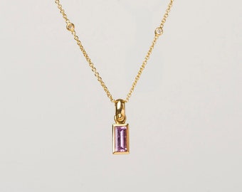 Pink Sapphire Pendant- Baguette -  18 gold necklace , sapphire necklace , minimalistic sapphire pendant
