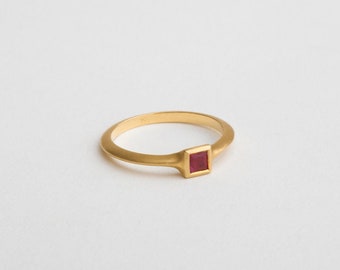 Square Ruby Solitaire Ring, Princess Cut, Stack Ring, 18k Gold, Women, Simple, Minimal, Berman, Jewelry  | Valentine Day Gift for Her