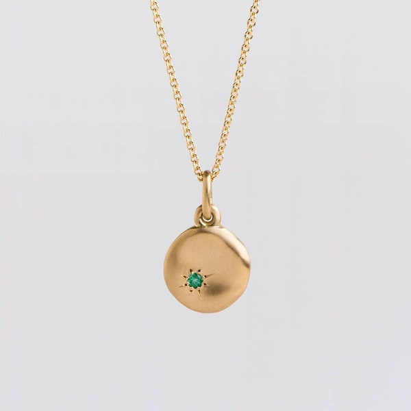 Large Emerald Pendant Gold Necklace ⦁ 18k Yellow Gold Disc ⦁ Tiny Emerald Charm Pendant Gold ⦁ Green Birthstone Pendant