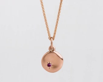 Large Ruby Pendant Gold 18k Rose Gold Disc Necklace ⦁ Ruby Charm Pendant Graduation Gift, Jewelry Gift for Her