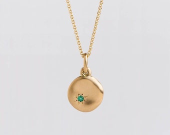 Large Emerald Pendant Gold Necklace ⦁ 18k Yellow Gold Disc ⦁ Tiny Emerald Charm Pendant Gold ⦁ Green Birthstone Pendant