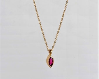 Small Dainty Ruby Pendant Necklace 18k Gold ⦁ Red Gemstone Minimal Ruby Marquise Necklace Simple Solitaire Pendant | Valentine Day Gift