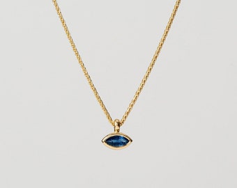 Blue Eye (Small / Large) | Dainty Blue Sapphire Marquise Pendant 18k Minimal Saphire Necklace | Bezel Blue Birthstone