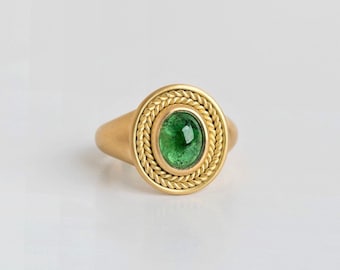 18k Gold Natural 2 CT Emerald Ring for Women Men ⦁ May Birthstone Green Stone Bezel Braids Ring