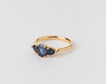 Three Light Sapphires Ring (Oval) ⦁ Unique Blue Sapphire Gemstone September Birthstone Ring 18k Gold