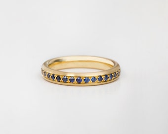 Eternity Sapphire Stacking Ring ⦁ Blue Saphire Engagement Band 18k Yellow Gold, Anniversary