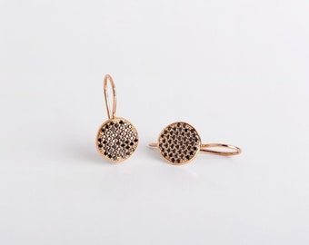 18k Rose Solid Gold Black Diamonds Stud Earrings ⦁ Diamonds Disc Dangle Earrings