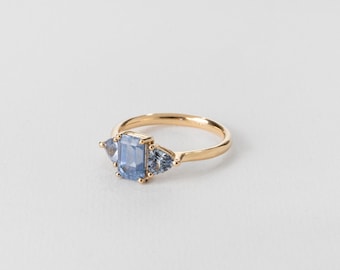 Three Light Sapphires Ring (Baguette) ⦁ Unique Blue Sapphire Gemstone September Birthstone Ring 18k Gold