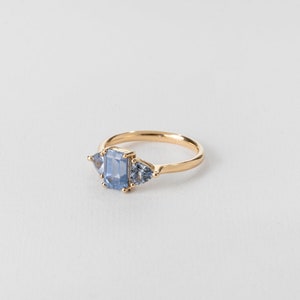 Three Light Sapphires Ring (Baguette) ⦁ Unique Blue Sapphire Gemstone September Birthstone Ring 18k Gold