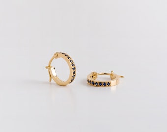 Classy Pave Earrings ⦁ Sapphire Hoop Earrings Boho 18k Gold ⦁ Black / White Diamonds Eternity Earrings ⦁ Minimal Hoops Earrings for Woman