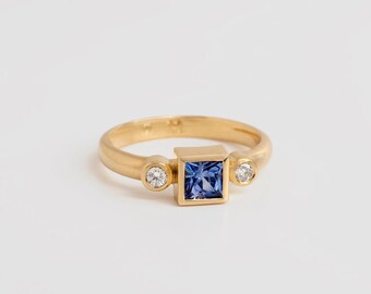 Blue Sapphire Engagement Ring ,18K Gold, Birthstone, Princess Cut, Saphire, Diamonds, Dainty Ring, Berman, Anniversary