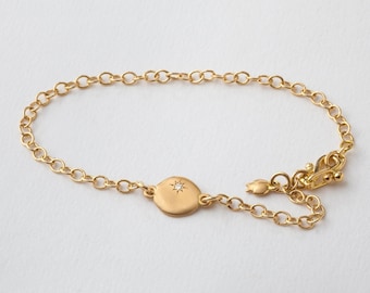 Tiny Diamond Disc 18k Gold Charm Bracelet ⦁ Link Charm Cloud Bracelet for Woman ⦁ Solid Gold Link