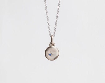 Sapphire Necklace Simple Gold Disc ⦁ 18k White Gold Charm Pendant for Her Cloud Women's Tiny Saphire Pendant 18k