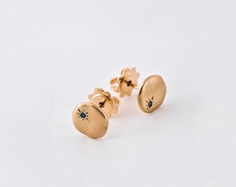 Blue Sapphire Earrings 18k Yellow Rose Gold Small Sapphire Stud Earrings ⦁ 14k Solid Gold Saphire Earring Round Nuggets