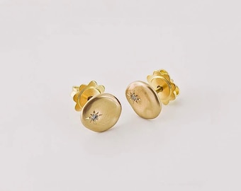 Tiny Diamonds Stud Earrings ⦁ 18k Yellow Solid Gold Nuggets ⦁ Dainty Earring for Woman ⦁ Disc Minimal Earrings for Women