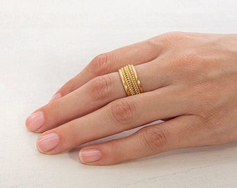 Wide 18k Gold Wheat Ring Band for Women Handmade Braid Ring ⦁ Ethnic Gold Wedding Band ⦁ Israeli Designers Jewelry