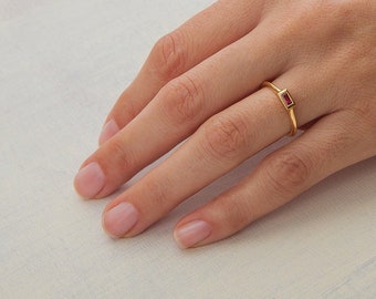 Rose Gold Ruby Stack Ring ⦁ Ruby Solitaire Ring ⦁ Unique Ring for Her ⦁ Gold Stack Baguette Ring ⦁ Minimalist Engagement, Anniversary