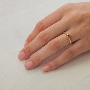 Rose Gold Ruby Stack Ring Ruby Solitaire Ring Unique Ring for Her Gold Stack Baguette Ring Minimalist Engagement, Anniversary image 1