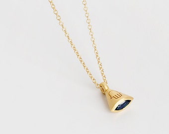 Small Wide Hamsa Engraved Cone Pendant Necklace ⦁ Minimal 22k Solid Gold Pendant Necklace ⦁ Women Sapphire Pendant