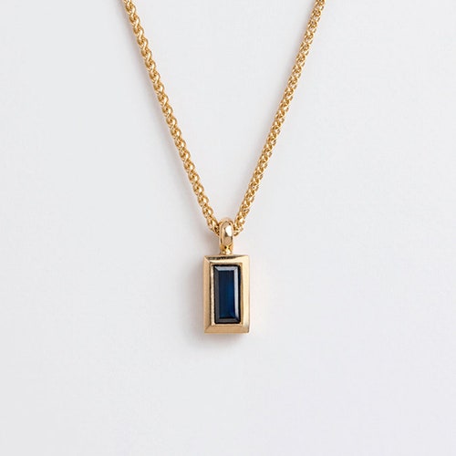 Dainty Blue Sapphire Pendant 18k Gold Necklace Rectangular - Etsy