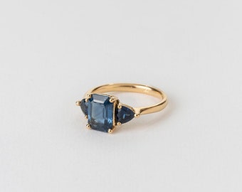 Three Sapphires Ring (Baguette) ⦁ Unique Blue Sapphire Gemstone September Birthstone Ring 18k Gold