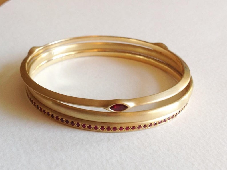 18k Ruby Red Gemstone Marquise Bangle Bracelet 18 Karat Gold Unique 18k Gold Stacking Minimal Bracelet Valentine Day Gift image 3