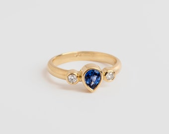Pear Sapphire Engagement Ring, Teardrop Saphire, Diamond, 18k Gold, Berman Jewelry, Anniversary