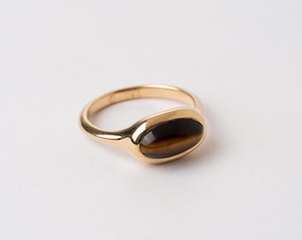 Tiger's Eye Oval Cabochon Ring ⦁ Unique Brown Gemstone Birthstone Ring 18k Gold