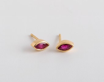 Dainty Small Ruby Earrings Ruby Marquise 18k Gold Earrings Ruby Stud Earrings Delicate Red Gemstone, Jewelry | Valentine Day Gift
