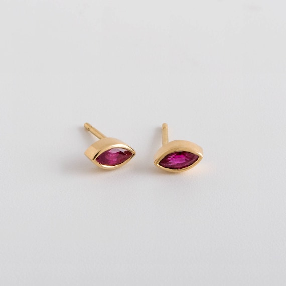 Dainty Small Ruby Earrings Ruby Marquise 18k Gold Earrings Ruby