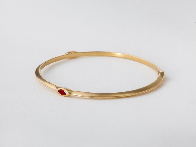 18k Ruby Red Gemstone Marquise Bangle Bracelet 18 Karat Gold Unique 18k Gold Stacking Minimal Bracelet Valentine Day Gift image 1