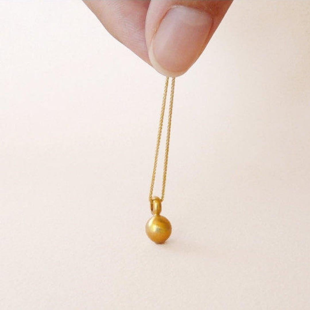 Simple Small Minimal Gold Ball Pendant Necklace 14K Yellow Solid