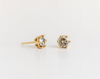 Prong Gray Diamond Earrings (2 TCW) ⦁ Stud Solitaire Earrings ⦁ Small Simple 18k Gold Minimal Earrings